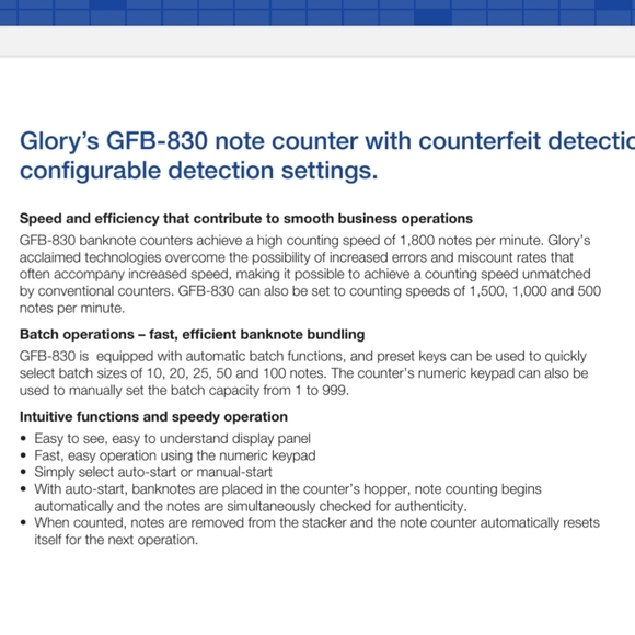 Glory GFB-830B cash money bill currency counter with counterfeit detection - Picture 9 of 9